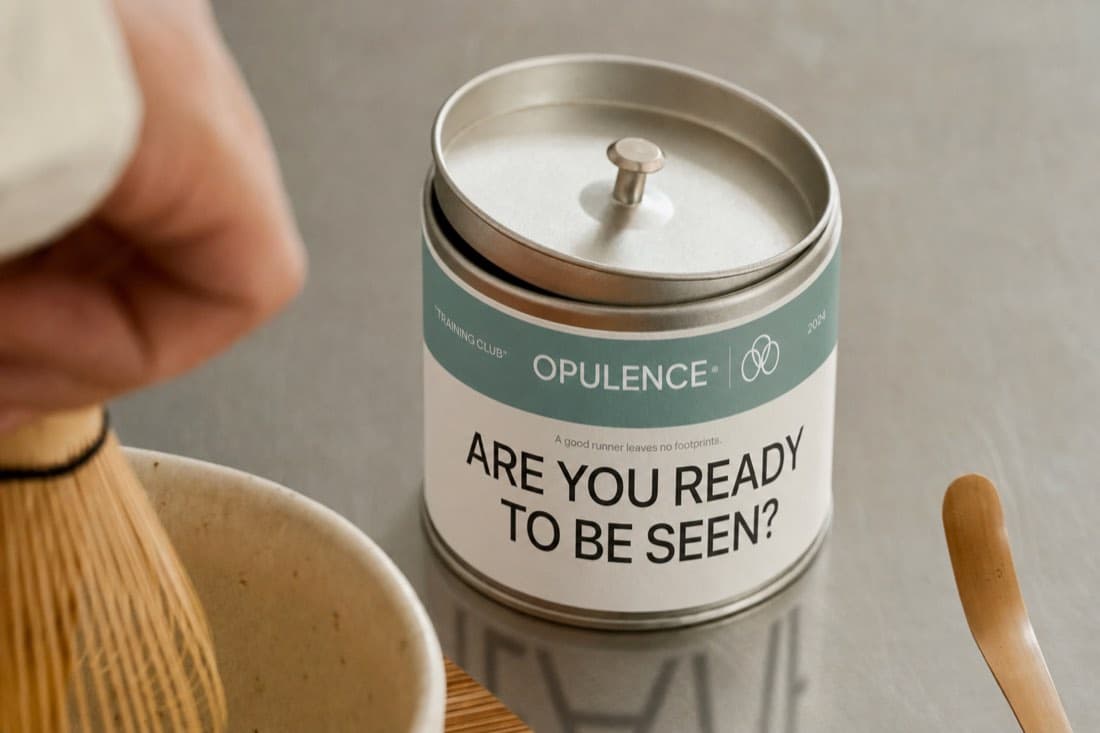 Lata do matcha Opulence com a pergunta “Are you ready to be seen?” ao lado de uma tigela e de um batedor de bambu.